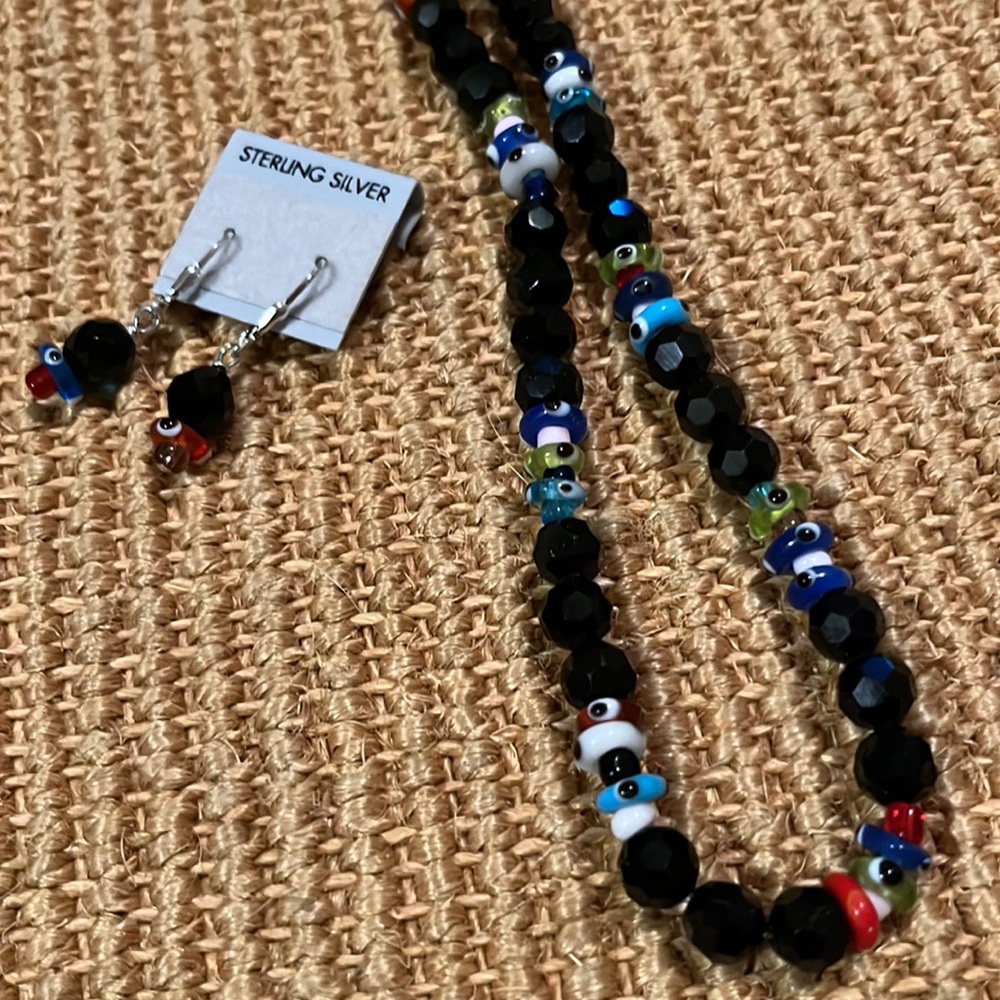 Flirty Black Faceted cut crystal necklace with tiny colorful glass beads